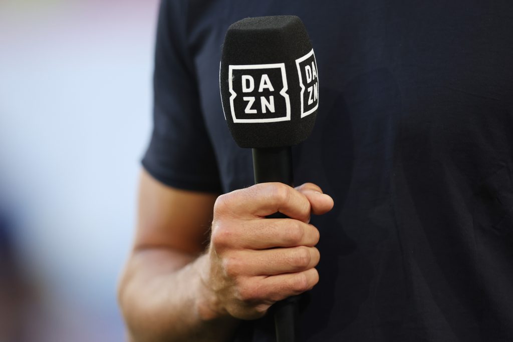 FREIBURG IM BREISGAU, GERMANY - AUGUST 12: A detailed view of a DAZN TV microphone prior to the Bundesliga match between Sport-Club Freiburg and Borussia Dortmund at Europa-Park Stadion on August 12, 2022 in Freiburg im Breisgau, Germany. (Photo by Alex Grimm/Getty Images)