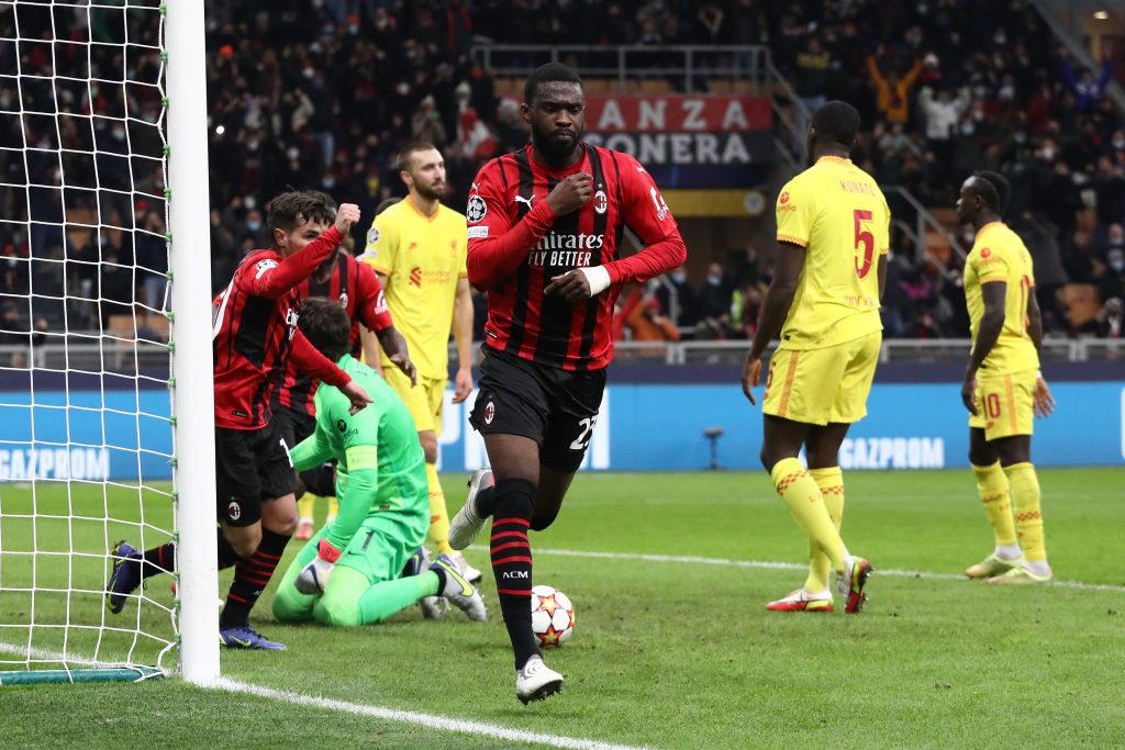 MILAN, ITALY - DECEMBER 07: Fikayo Tomori of AC Milan celebrates after scoring their side's first goal during the UEFA Champions League group B match between AC Milan and Liverpool FC at Giuseppe Meazza Stadium on December 07, 2021 in Milan, Italy. (Photo by Marco Luzzani/Getty Images)