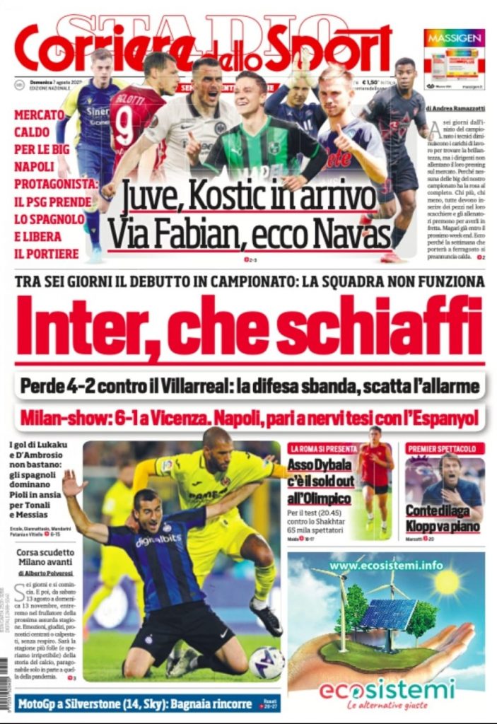 prima pagina corriere dello sport 07/08/2022
