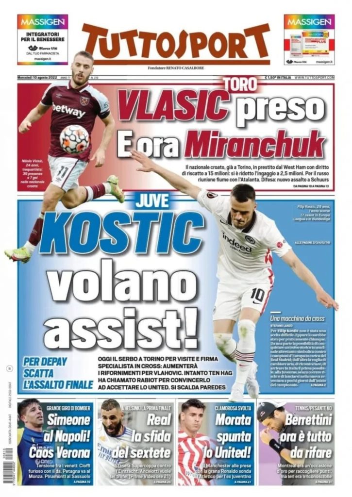 prima pagina tuttosport 10/08/2022
