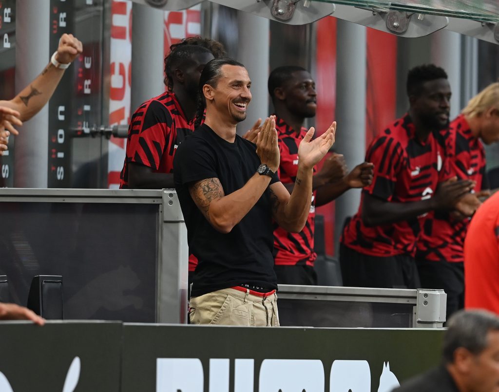 MILAN, ITALY - AUGUST 13: Zlatan Ibrahimovic of AC Milan reacts during the Serie A match between AC MIlan and Udinese Calcio at Stadio Giuseppe Meazza on August 13, 2022 in Milan, Italy. (Photo by Claudio Villa/AC Milan via Getty Images)