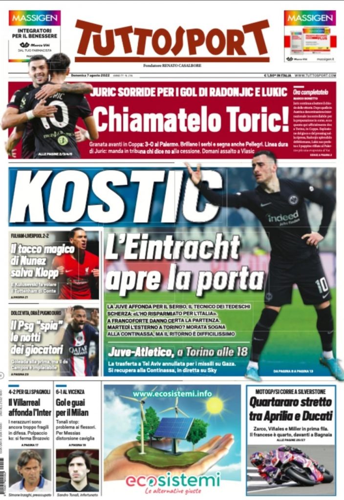 prima pagina tuttosport 07/08/2022