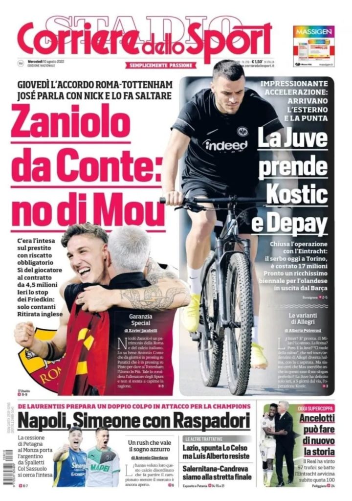 prima pagina corriere dello sport 10-08-2022