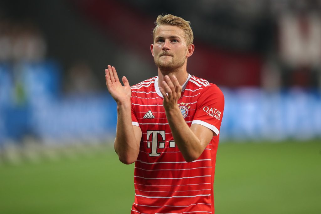 FRANKFURT AM MAIN, GERMANY - AUGUST 05: Matthijs de Ligt of FC Bayern München reacts after the Bundesliga match between Eintracht Frankfurt and FC Bayern München at Deutsche Bank Park on August 05, 2022 in Frankfurt am Main, Germany. (Photo by Christian Kaspar-Bartke/Getty Images)