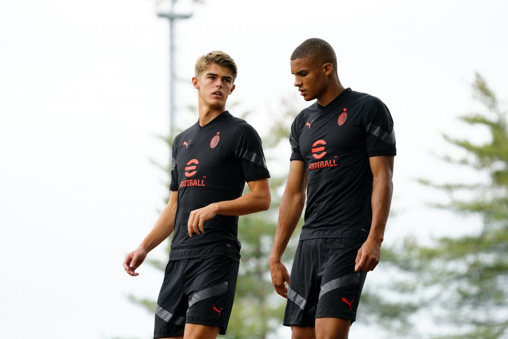 CAIRATE, ITALY - AUGUST 31: Charles De Ketelaere and Malick Thiaw attend an AC Milan at Milanello on August 31, 2022 in Cairate, Italy. (Photo by Pier Marco Tacca/AC Milan via Getty Images)