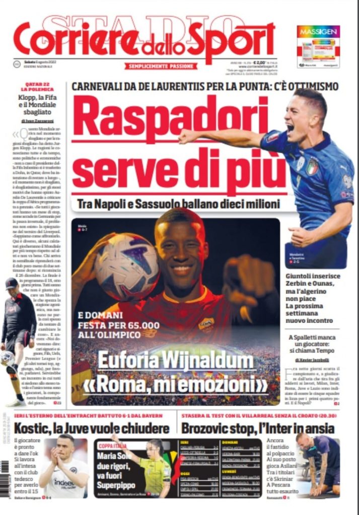 prima pagina corriere dello sport 06/08/2022