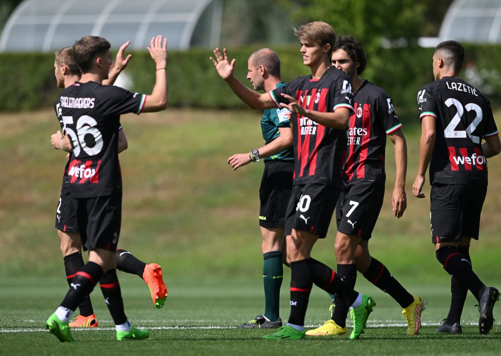 CAIRATE, ITALY - AUGUST 07: Charles De Ketelaere of AC Milan #90 celebrates after scoring the opening goal at Milanello on August 07, 2022 in Cairate, Italy. (Photo by Claudio Villa/AC Milan via Getty Images)