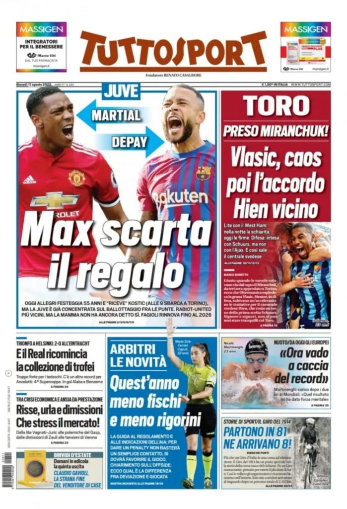 prima pagina tuttosport 11/08/22