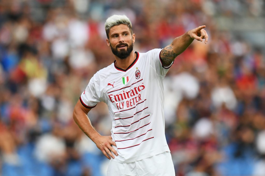 REGGIO NELL'EMILIA, ITALY - AUGUST 30: Olivier Giroud of AC Milan reacts during the Serie A match between US Sassuolo and AC MIlan at Mapei Stadium - Citta' del Tricolore on August 30, 2022 in Reggio nell'Emilia, Italy. (Photo by Alessandro Sabattini/Getty Images)