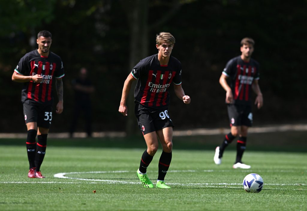 CAIRATE, ITALY - AUGUST 07: Charles De Ketelaere of AC Milan in action during a pre-seasons match between AC Milan and Pergolettese played at Milanello on August 07, 2022 in Cairate, Italy. (Photo by Claudio Villa/AC Milan via Getty Images)
