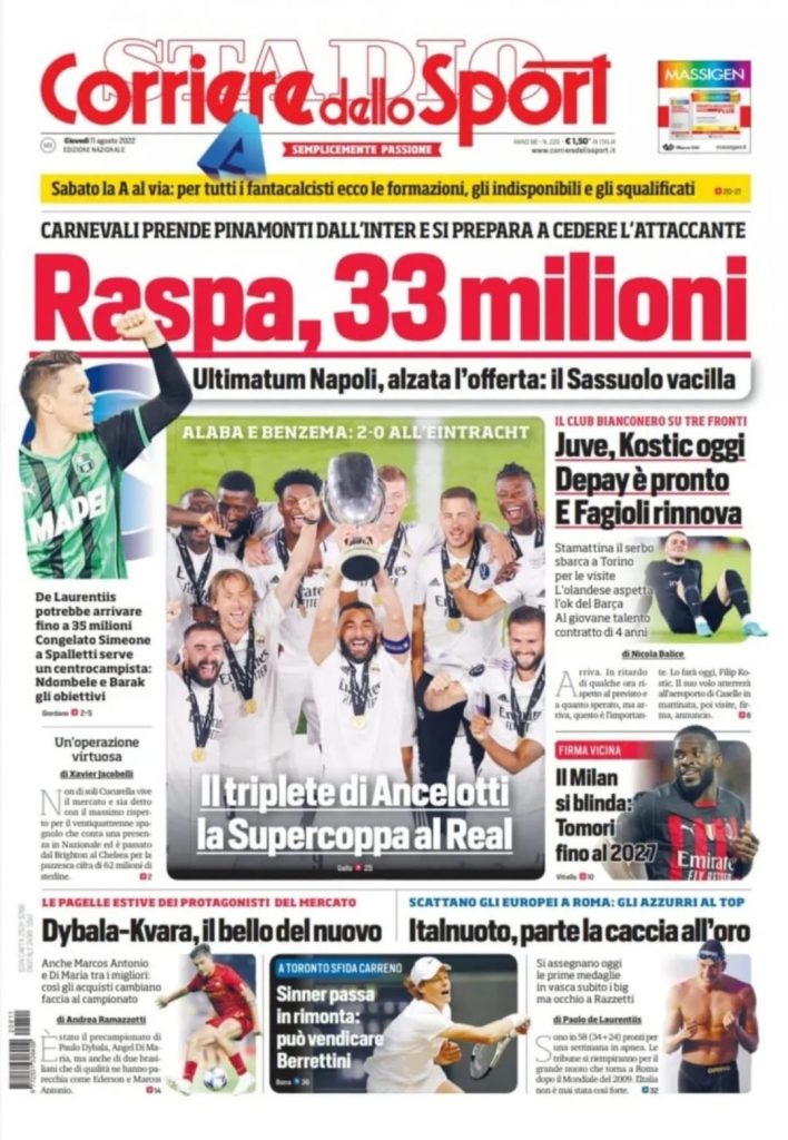 prima pagina corriere dello sport 11/08/2022