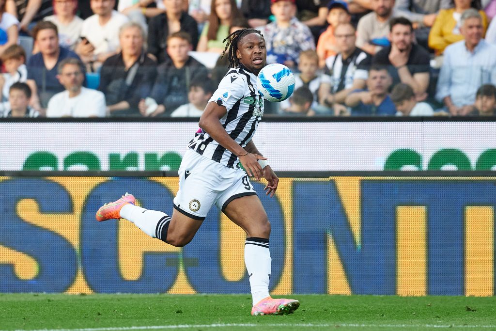 UDINE, ITALY - MAY 14: Brandon Soppy of Udinese Calcio in action during the Serie A match between Udinese Calcio and Spezia Calcio at Dacia Arena on May 14, 2022 in Udine, Italy. (Photo by Emmanuele Ciancaglini/Getty Images)