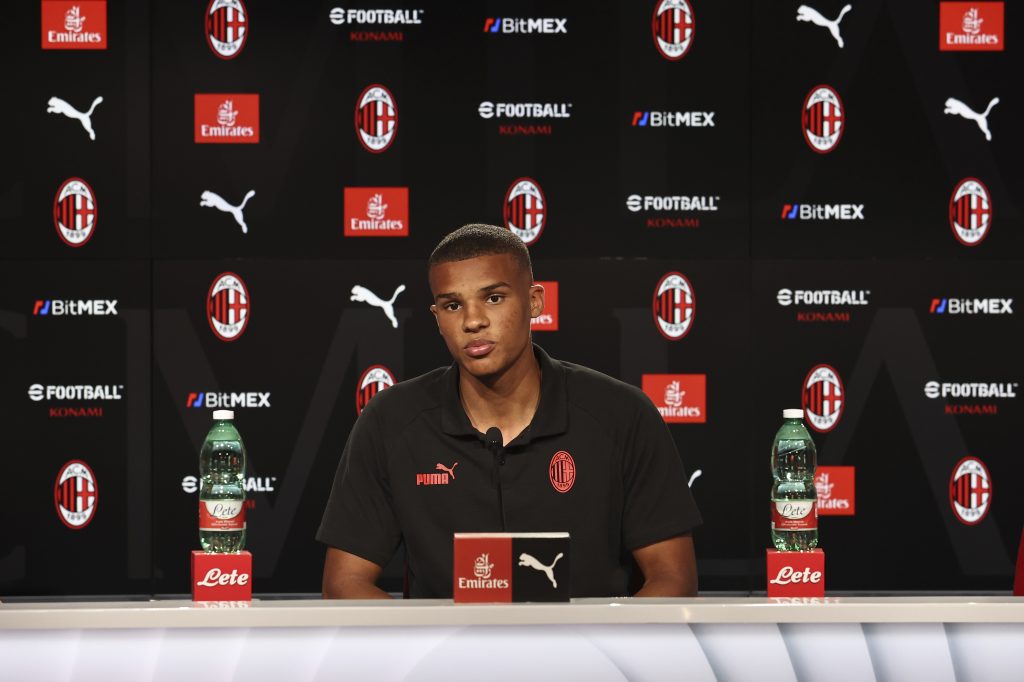 CAIRATE, ITALY - SEPTEMBER 08: Malick Thiaw speaks with the media during a press conference at Milanello on September 08, 2022 in Cairate, Italy. (Photo by Giuseppe Cottini/AC Milan via Getty Images)