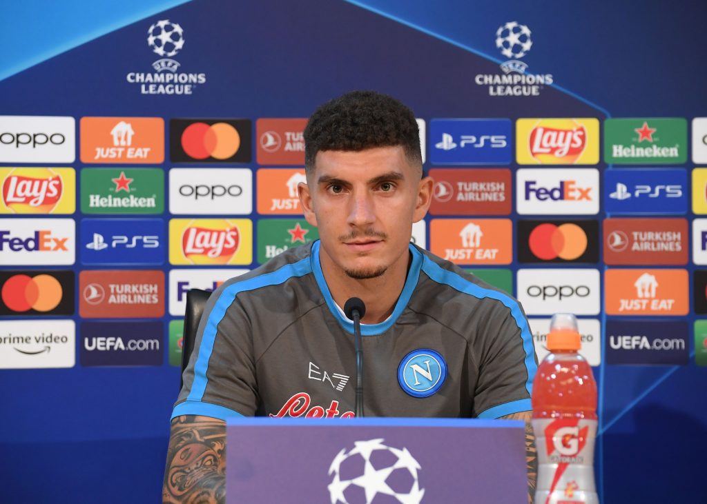 NAPLES, ITALY - SEPTEMBER 06: Giovanni Di Lorenzo speaks at a press conference ahead of their UEFA Champions League group A match against Liverpool FC at Stadio Diego Armando Maradona on September 06, 2022 in Naples, Italy. (Photo by SSC NAPOLI/SSC NAPOLI via Getty Images)
