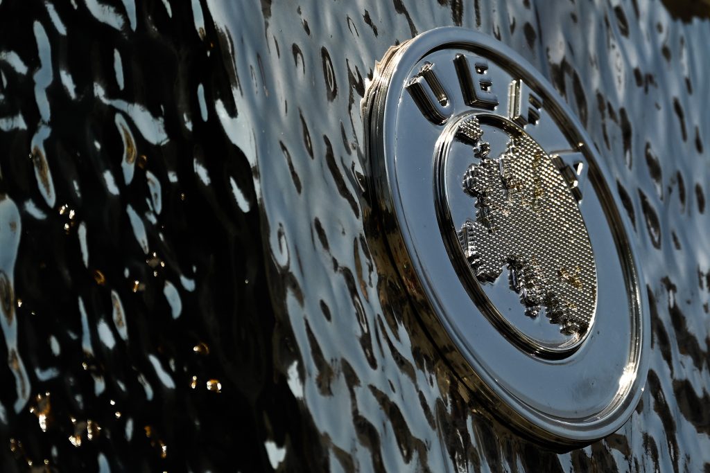 SEVILLE, SPAIN - MAY 18: A UEFA logo sits on display on a UEFA Europa League replica trophy ahead of the UEFA Europa League final match between Eintracht Frankfurt and Rangers FC at Estadio Ramon Sanchez Pizjuan on May 18, 2022 in Seville, Spain. (Photo by David Ramos/Getty Images)