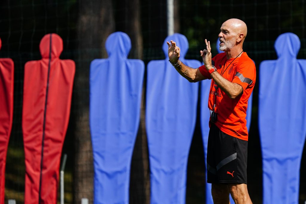 CAIRATE, ITALY - AUGUST 28: Head Coach Stefano Pioli gestures during an AC Milan training session at Milanello on August 28, 2022 in Cairate, Italy. (Photo by Pier Marco Tacca/AC Milan via Getty Images)