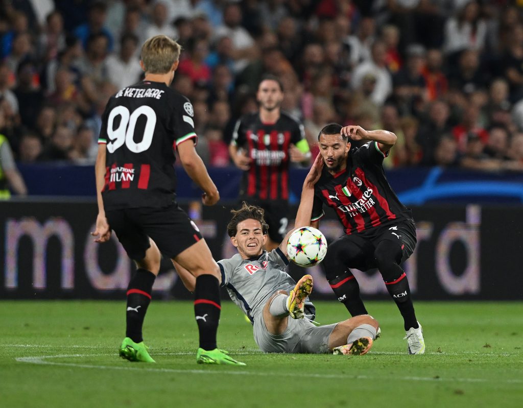 SALZBURG, AUSTRIA - SEPTEMBER 06: Charles De Ketelaere and Ismael Bennacer of AC Milan in action during the UEFA Champions League group E match between FC Salzburg and AC Milan at Football Arena Salzburg on September 06, 2022 in Salzburg, Austria. (Photo by Claudio Villa/AC Milan via Getty Images)