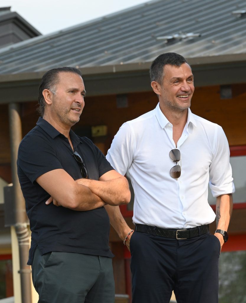 CAIRATE, ITALY - SEPTEMBER 04: Founder &amp; Managing Partner at RedBird Capital Partners Gerry Cardinale and Technical Area Director AC Milan Paolo Maldini look on during the AC Milan training session at Milanello on September 04, 2022 in Cairate, Italy. (Photo by Claudio Villa/AC Milan via Getty Images)