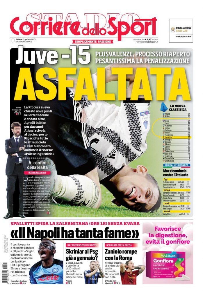 Prima Pagina Corriere dello Sport 21/01/2023