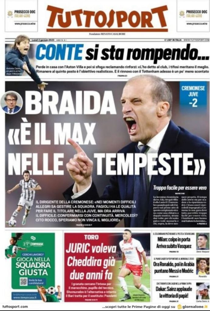 Prima pagina Tuttosport 02/01/2023