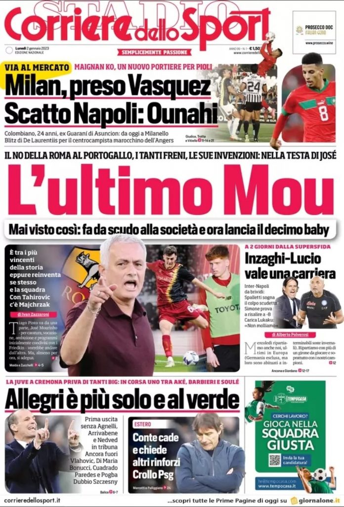 Prima pagina Corriere dello Sport 02/01/2023