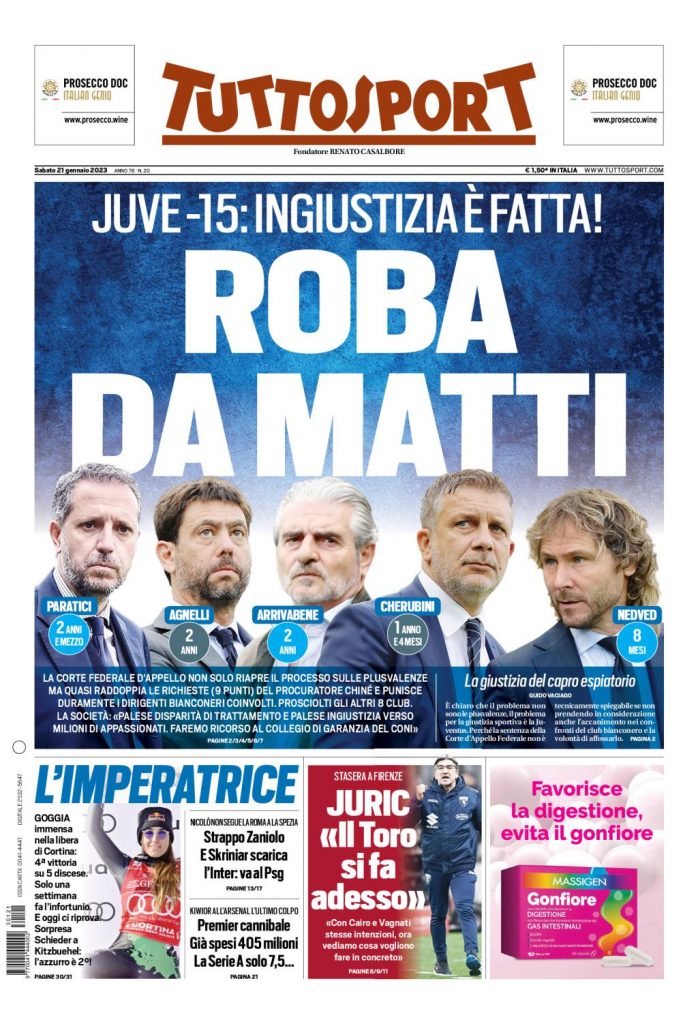 Prima pagina Tuttosport 21/01/2023