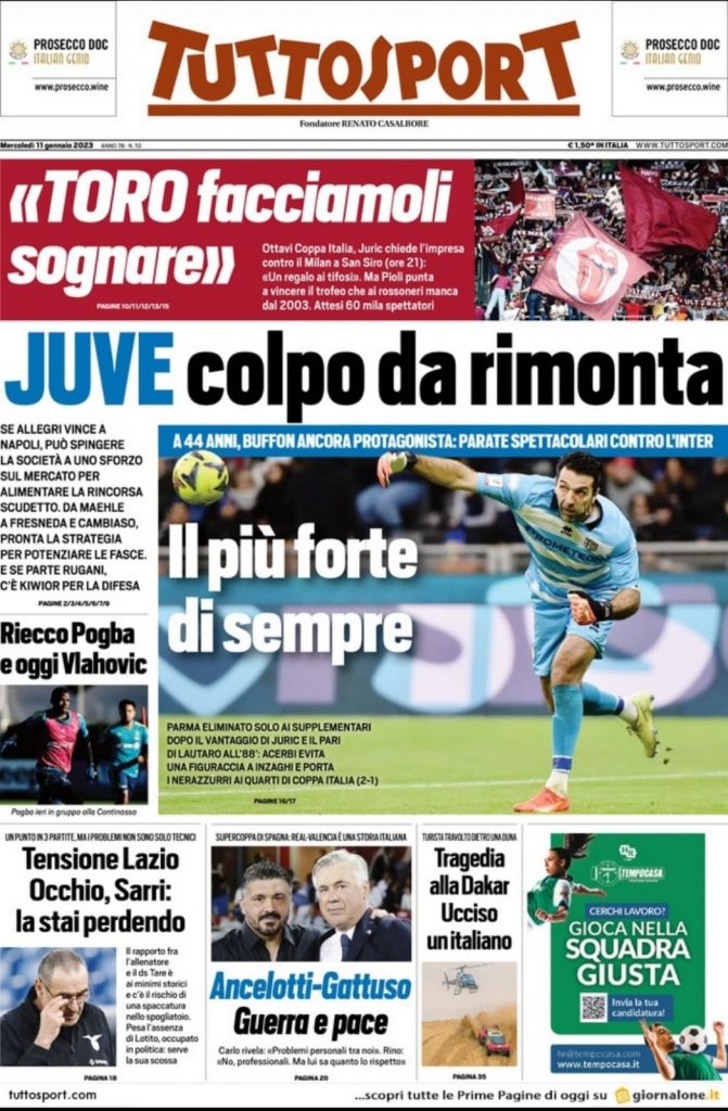 Prima pagina Tuttosport 11-01-2023