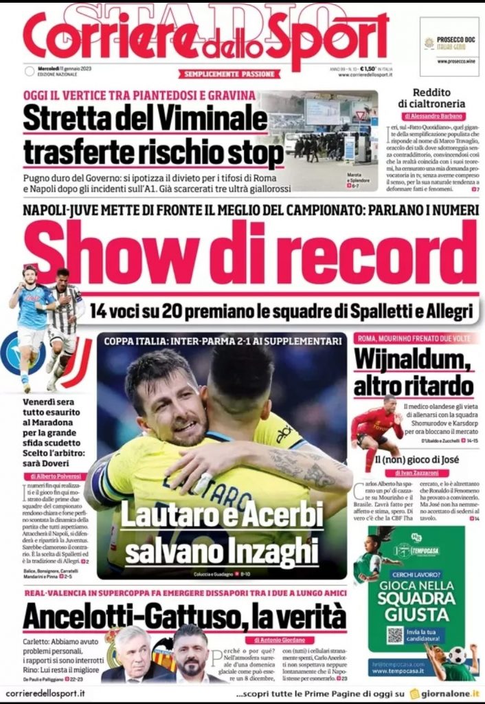 Prima pagina Corriere dello Sport 11-01-2023