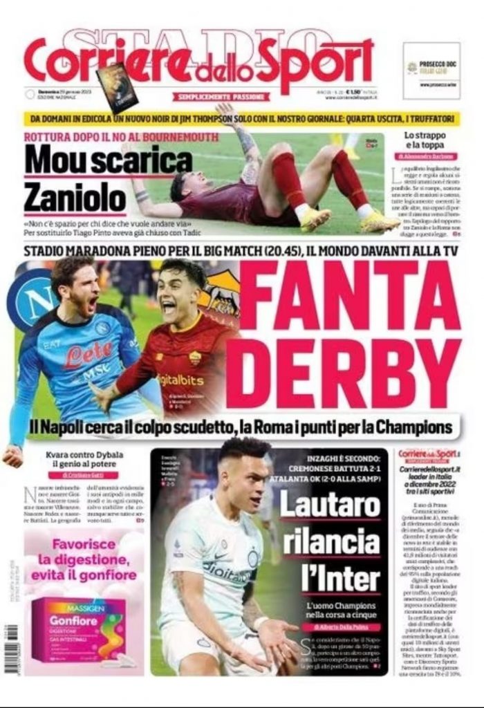 Prima pagina Corriere dello Sport 29/01/2023