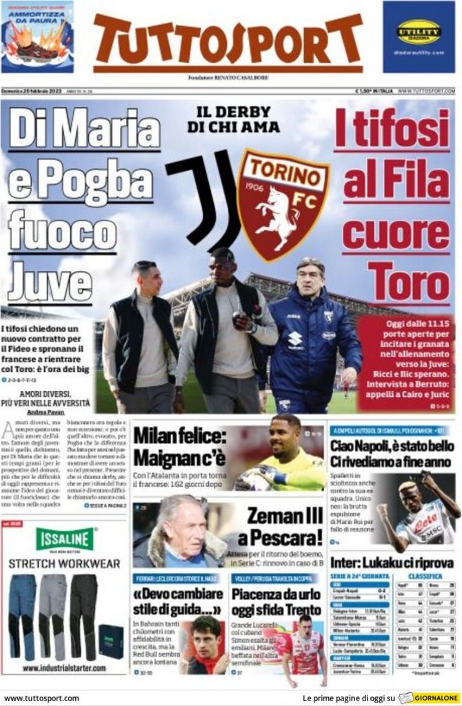 Prima pagina Tuttosport 26/02/2023