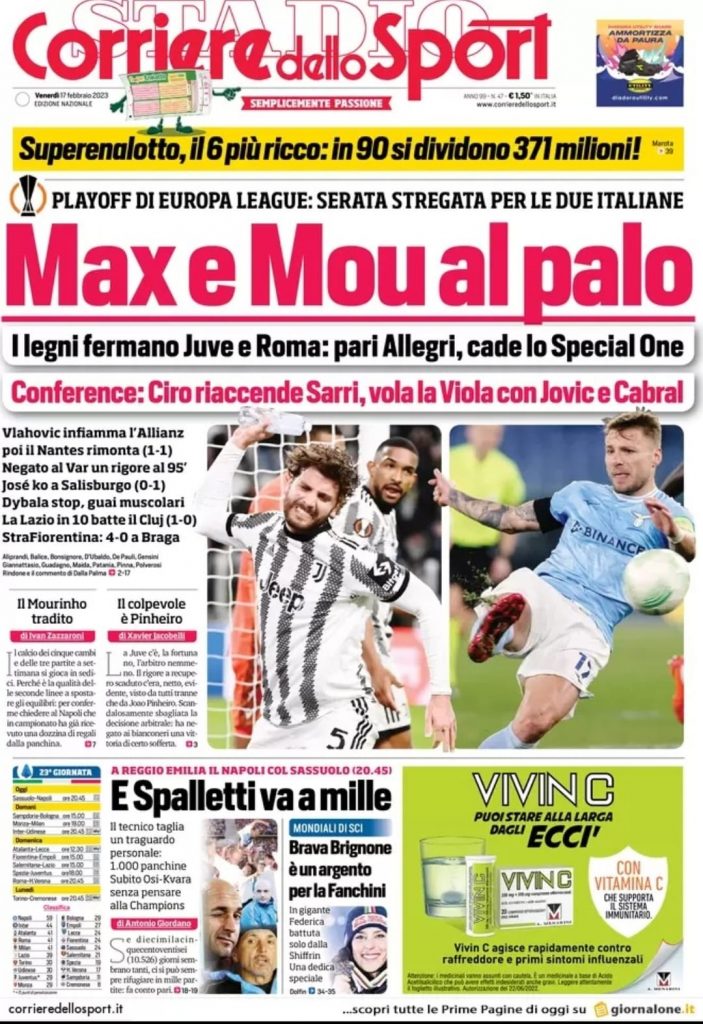 Prima pagina Corriere dello SPort 17-02-2023