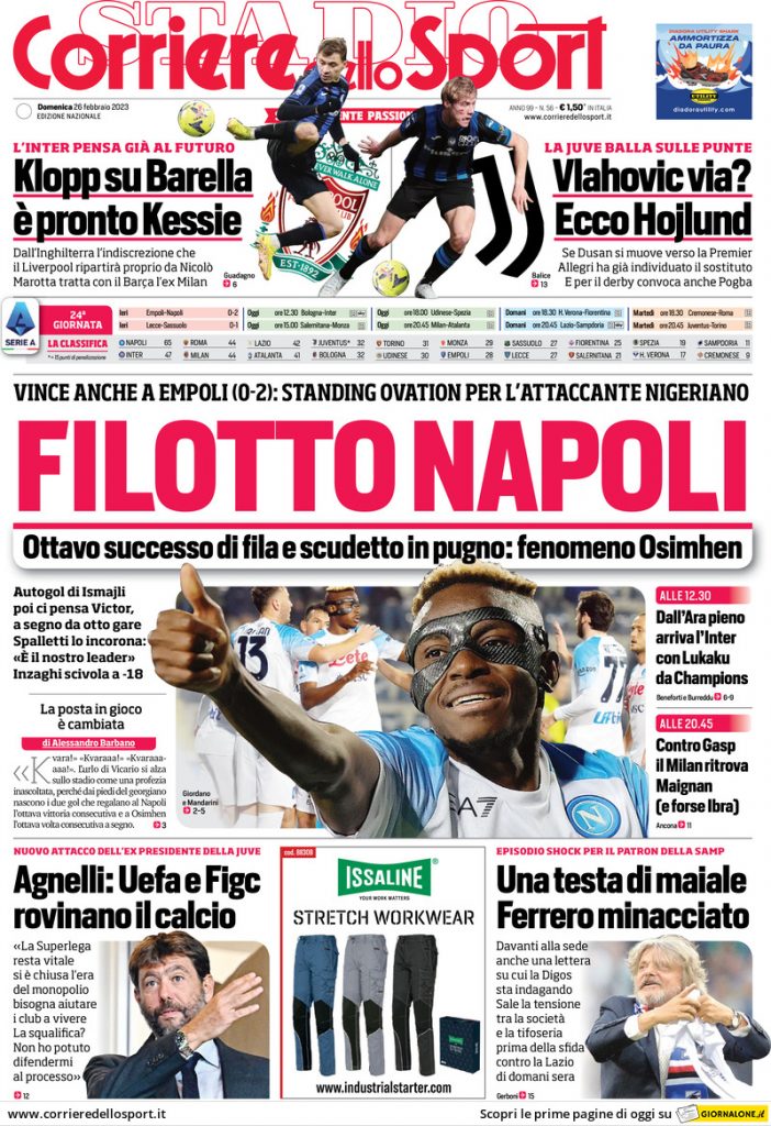 Prima pagina Corriere dello Sport 26/02/2023