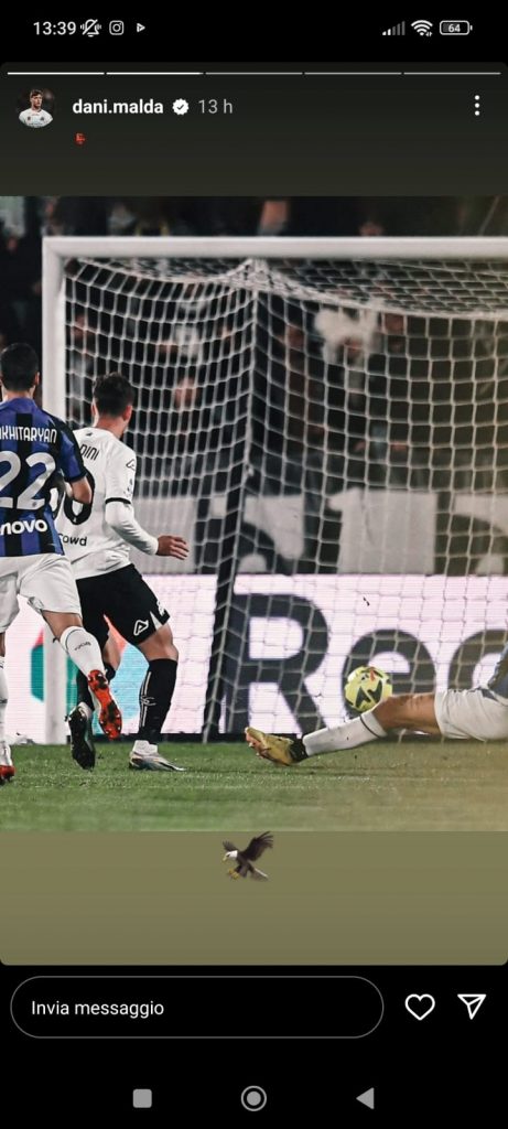 Daniel Maldini, qui in gol contro l'Inter (storia Instagram Daniel Maldini)