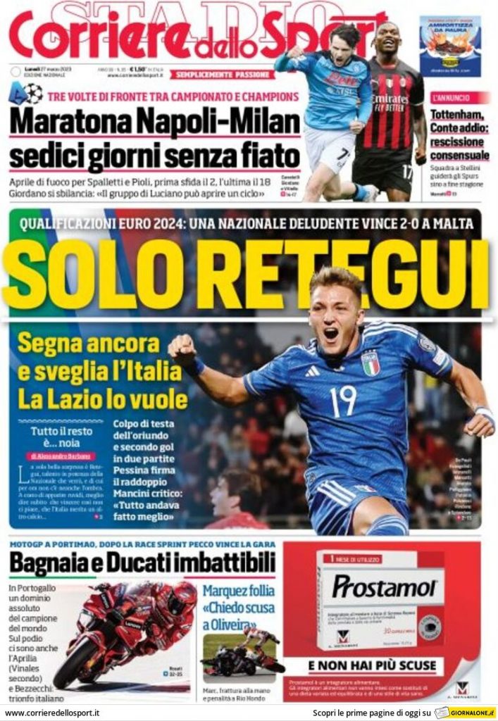 Prima pagina Corriere dello Sport 27/03/2023