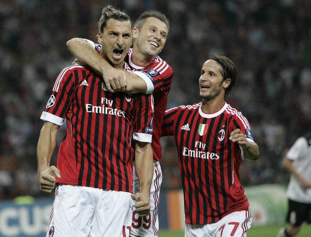 Zlatan Ibrahimovic, Antonio Cassano e Luca Antonini, ex compagni di squadra al Milan (getty images)