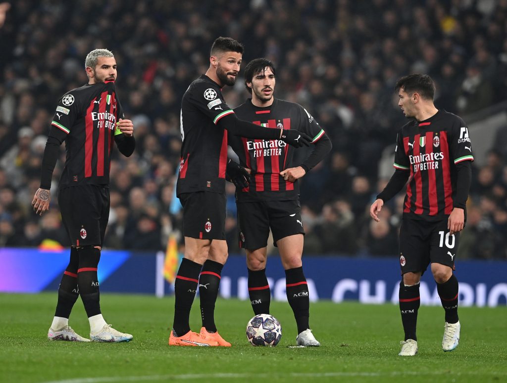 Theo Hernandez, Giroud, Tonali e Brahim Diaz in Tottenham-Milan (getty images)