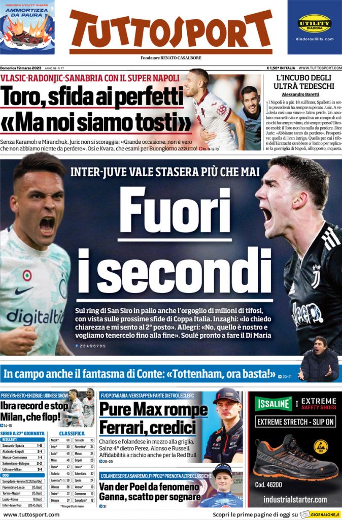 Prima pagina Tuttosport 19/03/2023