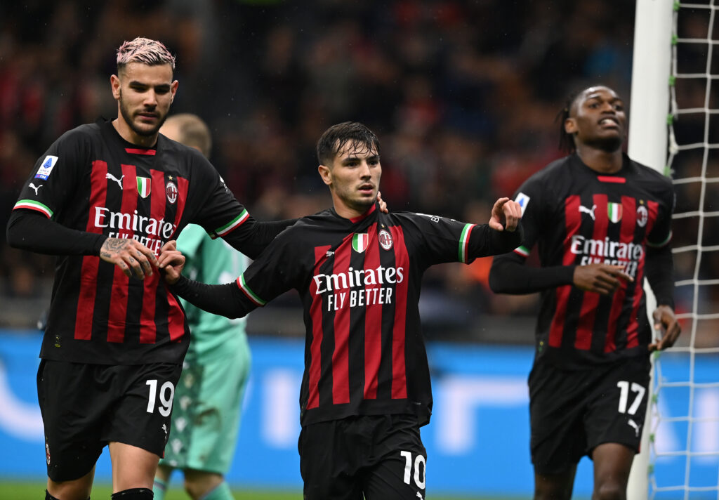 Brahim Diaz, Rafael Leao e Theo Hernandez, calciatori del Milan (getty images)