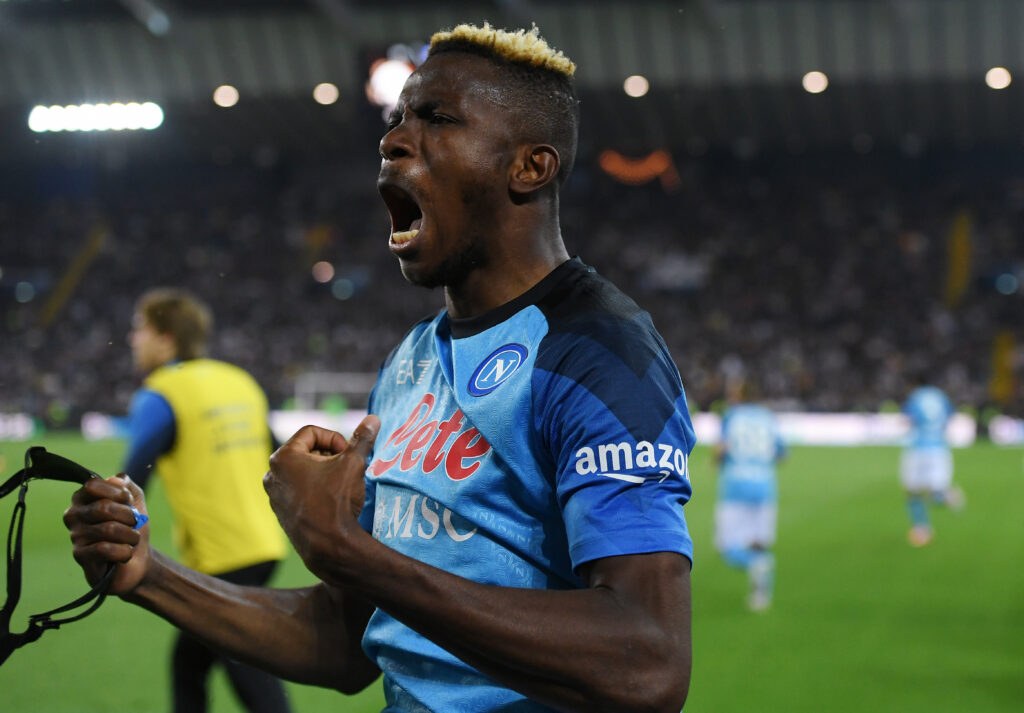 Esultanza di Victor Osimhen, attaccante del Napoli, qui in Udinese-Napoli