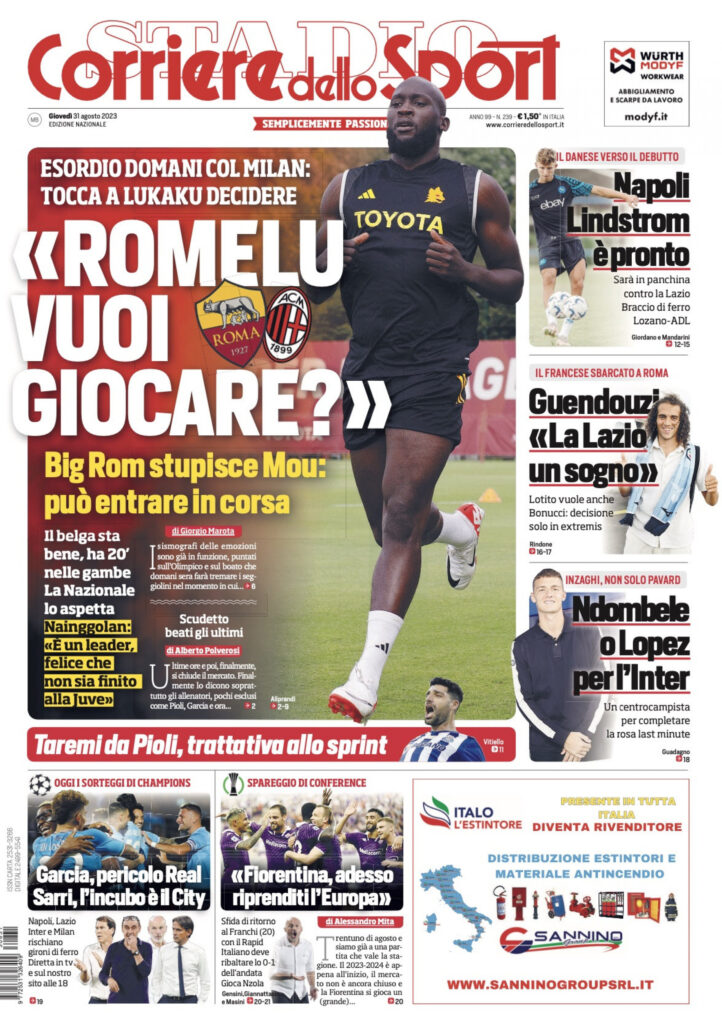 Prima pagina Corriere dello Sport 31-08-2023