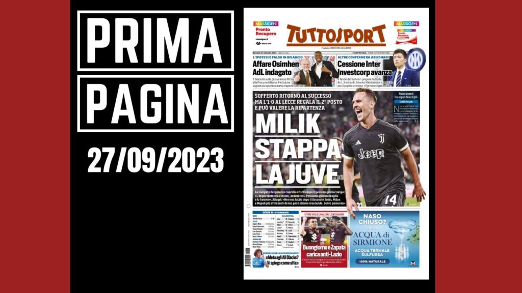 Prima pagina Tuttosport 27092023 PianetaMilan.it