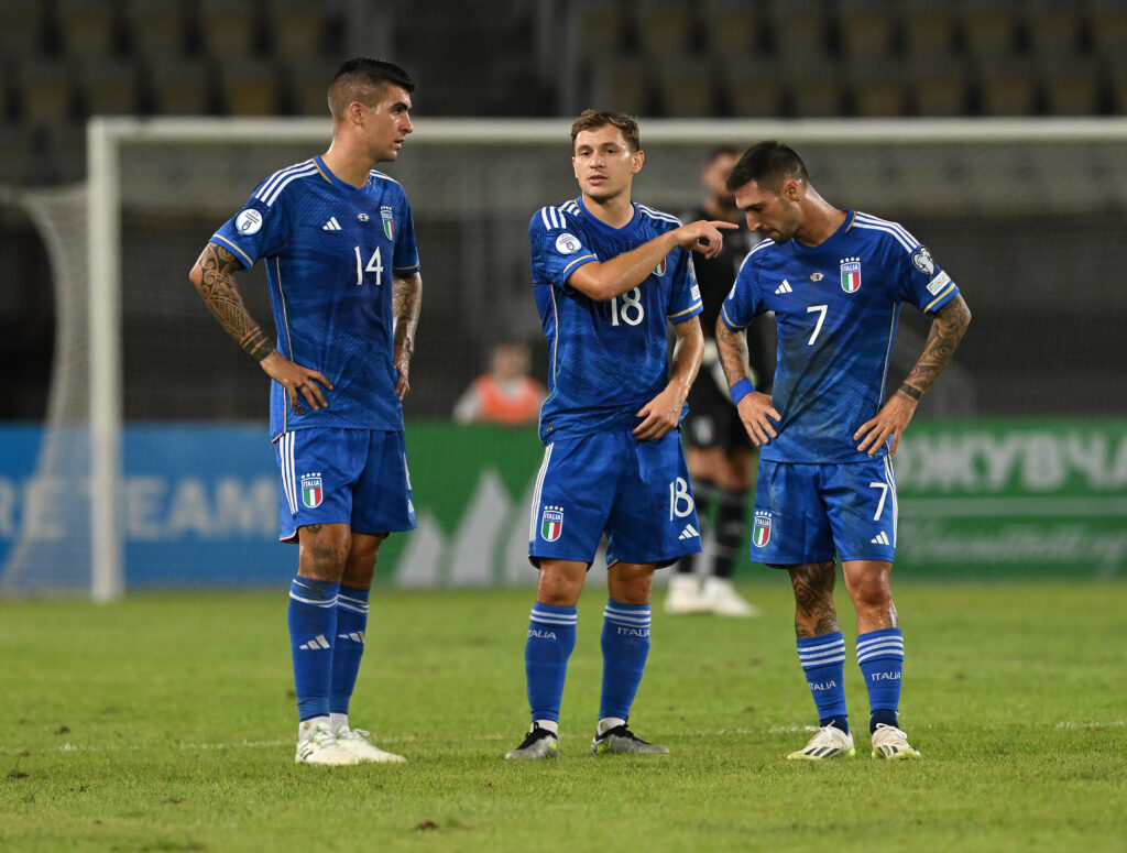 Barella, Mancini e Politano, qui durante il match fra Macedonia del Nord e Italia