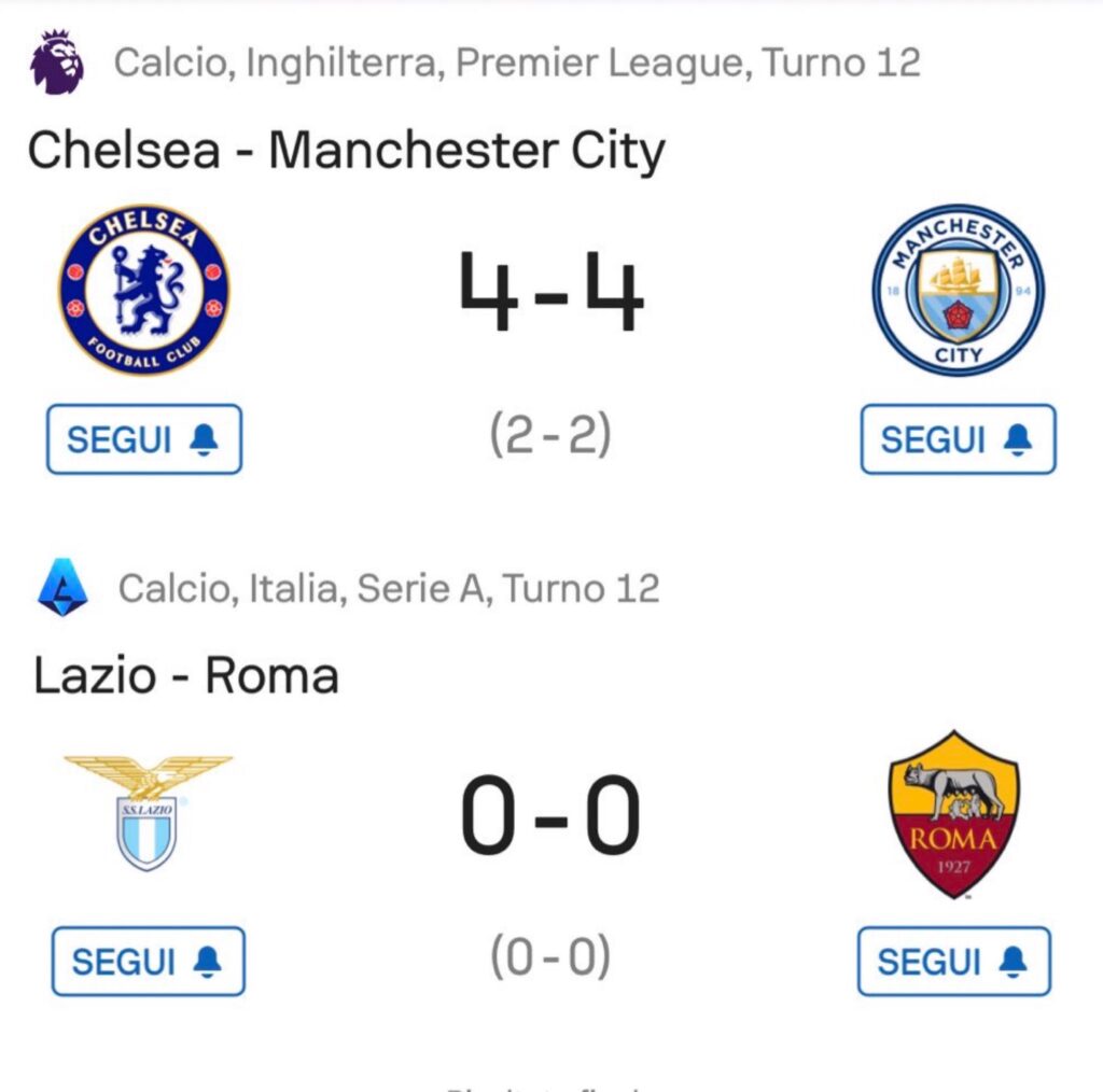 Lazio-Roma 0-0, Chelsea-Manchester City 4-4