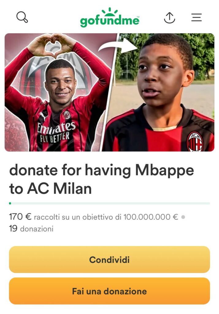 Raccolta fondi per l'acquisto di Kylian Mbappé, screen del sito Gofundme.com