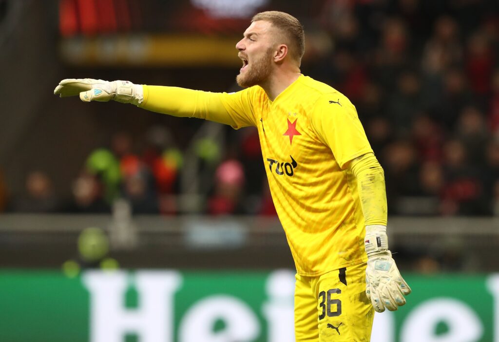 Jindřich Staněk, portiere Slavia Praga. Qui in Milan-Slavia Praga, ritorno degli ottavi di finale di Europa League (getty images)
