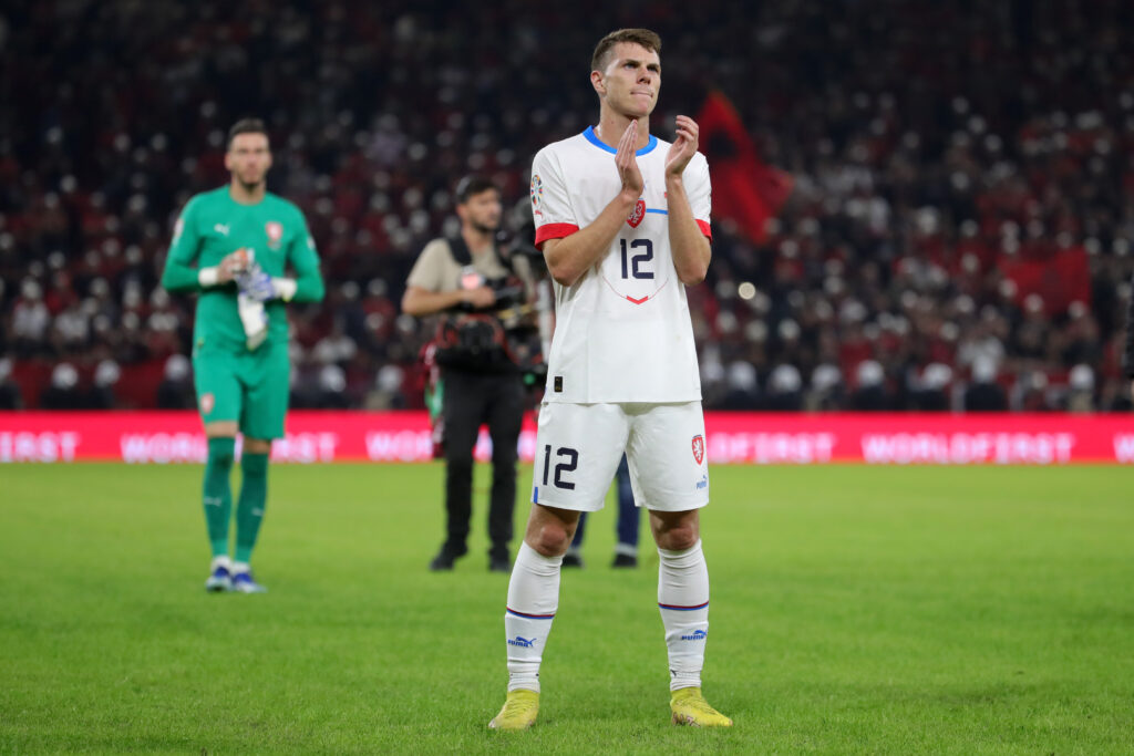 TIRANA, ALBANIA - OCTOBER 12: David Doudera of Czechia applauds the fans after the UEFA EURO 2024 European qualifier match between Albania and Czechia at Air Albania Stadium on October 12, 2023 in Tirana, Albania. (Photo by Armando Babani/Getty Images)