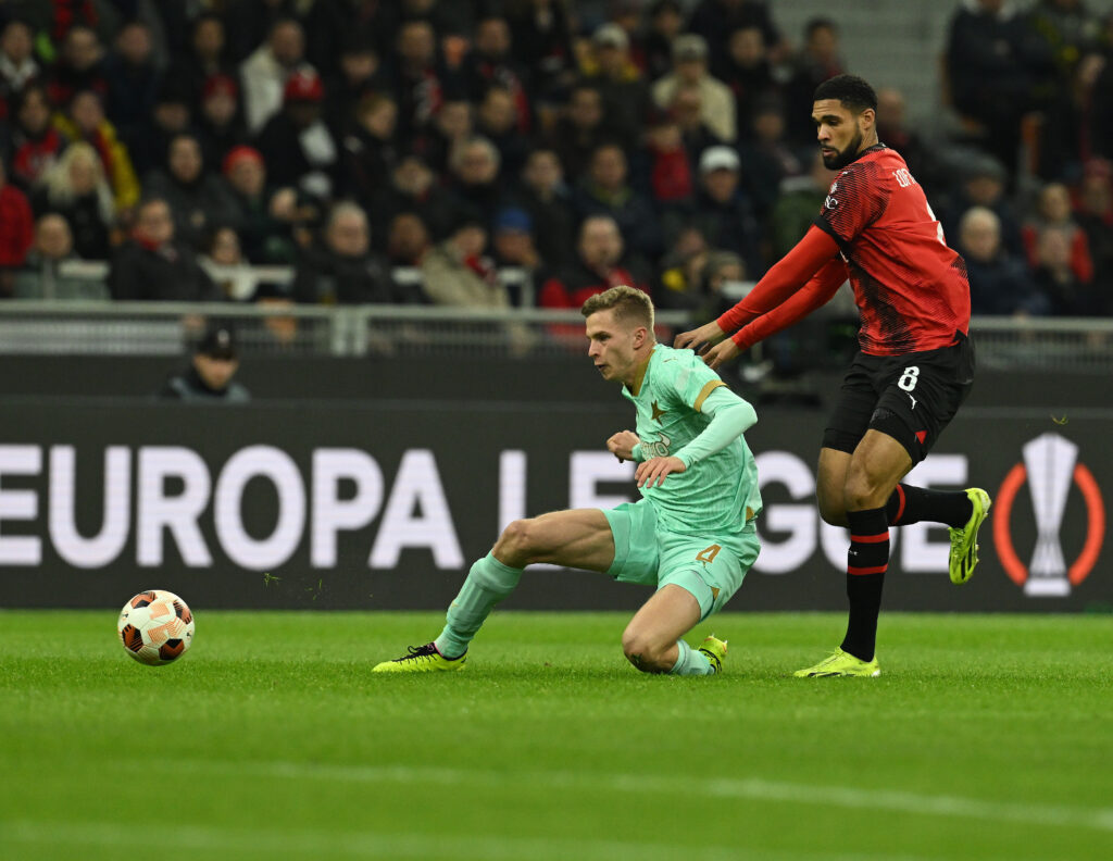 David Zima, difensore Slavia Praga. Qui in Milan-Slavia Praga, ritorno degli ottavi di finale di Europa League (getty images)