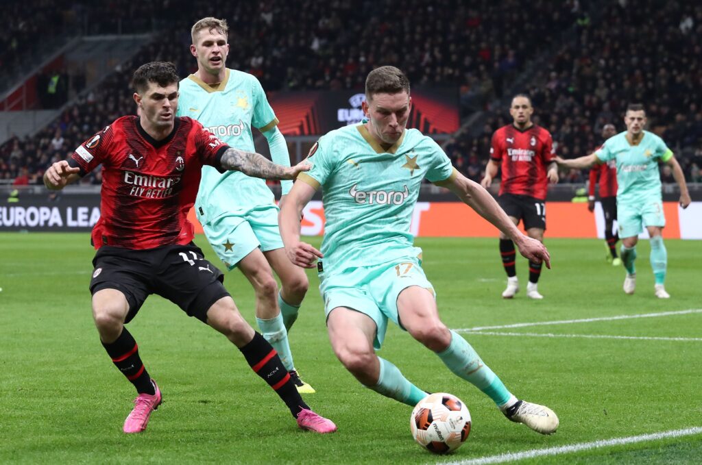 Lukas Provod, attaccante Slavia Praga. Qui in Milan-Slavia Praga, ritorno degli ottavi di finale di Europa League (getty images)