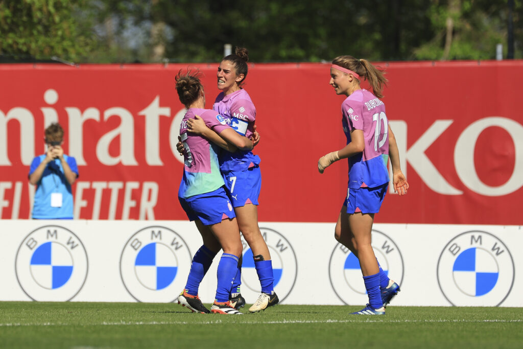Esultanza Milan Femminile. Qui nel corso del match tra Milan e NapoliFemminile di Serie A (getty images)