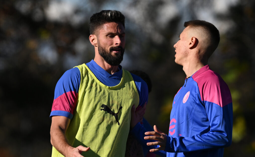 Olivier Giroud e Francesco Camarda, attaccanti del Milan (getty images)